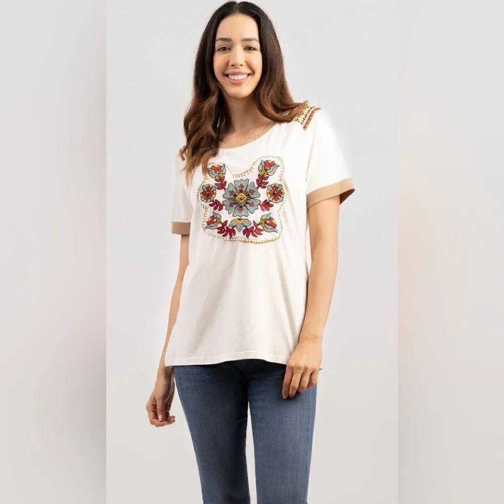 Delila Texas Mineral Wash Floral Embroidered Patchwork Short Sleeve Shirt Sz XL